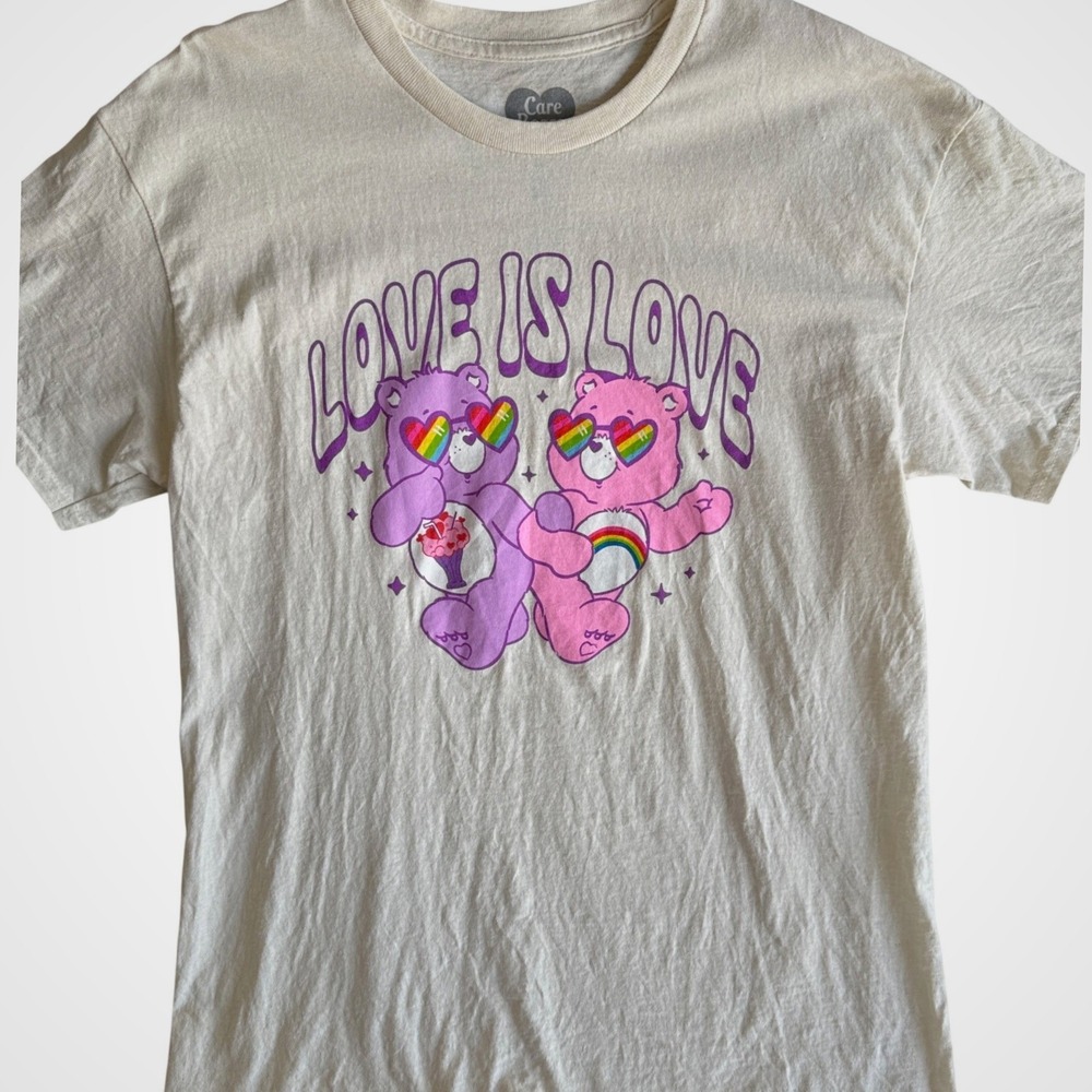 Care Bears Love is Love Graphic T-Shirt Cream Rainbow Pride Large
